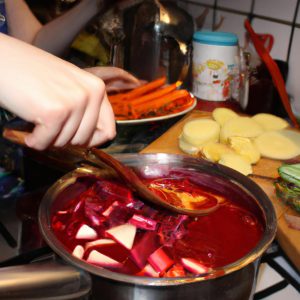 Person cooking borscht in kitchen