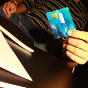 Person holding credit card, studying